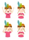 Print. Vector set of girl emotions. Cheerful cartoon girl in a pink T-shirt.