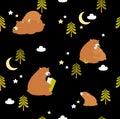 Print. Vector black background with bears. Wild animals pattern. Royalty Free Stock Photo