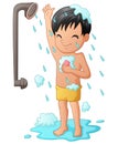 Funny little boy having bath with shower