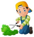 Young gardener trims a grass with scissors