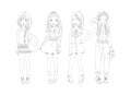 Four hand drawn beautiful cute girls, Happy young girl cartoon doodle collection women isolated on white background vector Royalty Free Stock Photo