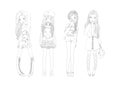 Four hand drawn beautiful cute girls, Happy young girl cartoon doodle collection women isolated on white background vector Royalty Free Stock Photo