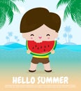 Hello summer time banner template, Cute little kids holding watermelon and jumping on beach, happy in hot sunny day vacation flat