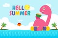 Hello summer banner template of Cute Dinosaur baby in swimming nd rubber ring in the sea. Dino cartoon floating on inflatable Royalty Free Stock Photo