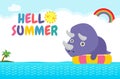 Hello summer banner template of Cute Dinosaur baby in swimming nd rubber ring in the sea. Dino cartoon floating on inflatable Royalty Free Stock Photo