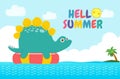 Hello summer banner template of Cute Dinosaur baby in swimming nd rubber ring in the sea. Dino cartoon floating on inflatable Royalty Free Stock Photo