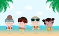 Summer Time, Happy group kids in swimming clothes with inflatable toys on beach, children with inflatable buoy jumping