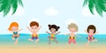 Summer Time, Happy group kids in swimming clothes with inflatable toys on beach, children with inflatable buoy jumping Royalty Free Stock Photo