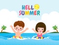 Hello summer banner template of Cute kids in swimming and rubber ring in the sea. children cartoon floating on inflatable Royalty Free Stock Photo