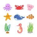 Cute colorful sea creatures collection. Underwater animals.