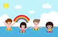 Summer time banner template of Cute kids in swimming and rubber ring in the sea. children cartoon floating on inflatable Royalty Free Stock Photo