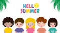 Hello summer banner template, Group of kids summer time, Relaxing children at seashore, Lounge time at the seaside, vacation flat