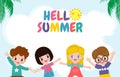 Hello summer banner template, Group of kids summer time, Relaxing children at seashore, Lounge time at the seaside, vacation flat