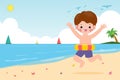 Hello Summer, Happy kids in swimming clothes with inflatable toys on beach, children with inflatable buoy jumping into swimming Royalty Free Stock Photo