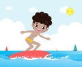 Hello summer banner template cute surfer kid character with surfboard and riding on ocean wave. Happy young surfer on the crest Royalty Free Stock Photo