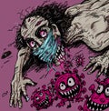 Horror illustration a zombie and coronavirus.