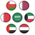 GCC Gulf Country Middle East Flag 3D Icon set on isolated white background. United Arab Emirates, Kuwait, Qatar, Bahrain, Saudi Ar