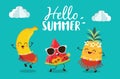 Hello Summer with cute banana, watermelon and pineapple character enjoying summer.  Vector illustration. Royalty Free Stock Photo