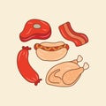 Meat food related colored doodle vector illustration