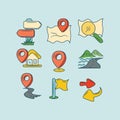 Map and locations colored doodle vector illustration