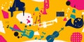 Music promotional poster with musical instruments colorful vector. Guitar, violoncello, piano, trumpet, French horn and euphonium