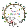 Cartoon cute cat sleppy in circle frame leaves vector. Royalty Free Stock Photo