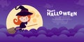 Happy Halloween, Cute little witch flying on a broom in the night sky against the background of the full moon, trick or treat Royalty Free Stock Photo