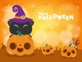 Happy Halloween Poster Party ,black cat and pumpkin patch in the moonlight bokeh. Jack O Lantern party. trick or Treating Royalty Free Stock Photo