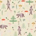 Seamless childish pattern with cute bears in the wood. Creative autumn forest texture for fabric.