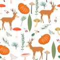 Seamless childish pattern with cute deers in the wood. Creative autumn forest texture for fabric.