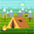 Sunny day landscape illustration in flat style with tent, campfire, mountains, forest and mountains. Background for summer camp, n Royalty Free Stock Photo