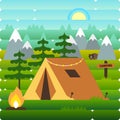 Sunny day landscape illustration in flat style with tent, campfire, mountains, forest and mountains. Background for summer camp, n Royalty Free Stock Photo