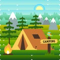 Sunny day landscape illustration in flat style with tent, campfire, mountains, forest and mountains. Background for summer camp, n Royalty Free Stock Photo