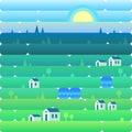 Landscape of countryside and nature. Houses, green grass, blue sky and lakes. Vector illustration in flat and gradient style. Royalty Free Stock Photo