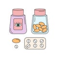 Set of colorful ophthalmology icons including glass bottles of pills, yellow and white pills for sight