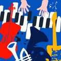 Music promotional poster with musical instruments colorful vector illustration. Violoncello, piano, trumpet, guitar, French horn f Royalty Free Stock Photo