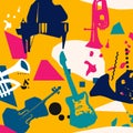 Music promotional poster with musical instruments colorful vector illustration. Piano, cello, trumpet, guitar, French horn, euphon