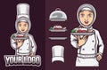 Beautiful muslim female chef with hijab holding halal food logo