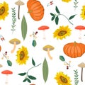 Seamless autumn pattern with leaves, berries, sunflowers, pumpkin, mushrooms and branches.