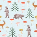 Seamless childish pattern with cute bears, deers in the wood. Creative autumn forest texture for fabric, wrapping.