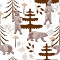 Seamless childish pattern with cute bears in the wood. Creative autumn forest texture for fabric.