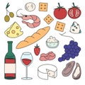 Set of red wine and food for wine. Olives, camembert, mozzarella, strawberry, grapes, oysters, shrimp, crackers, baguette Royalty Free Stock Photo