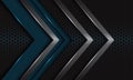 Abstract blue grey metallic arrow direction overlap on dark steel hexagon mesh design modern luxury futuristic background vector