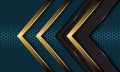 Abstract grey metallic gold arrow direction overlap on dark blue steel hexagon mesh design modern luxury futuristic background vec