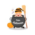 Cute baby peeking from inside a cauldron. Happy Halloween