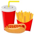 Regular beef hot dog with mustard, french fries and cola drink