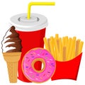 Fast food menu, regular ice cream with french fries, donuts and cola drink