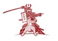 Group of Samurai Japanese Warrior Ronin with Weapons Action Cartoon Graphic Vector Royalty Free Stock Photo