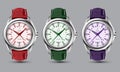 Realistic clock watch silver red green purple strap collection on grey design classic luxury vector Royalty Free Stock Photo