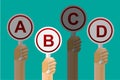 Hand holding answer choice sign, select answer concept vector illustration.